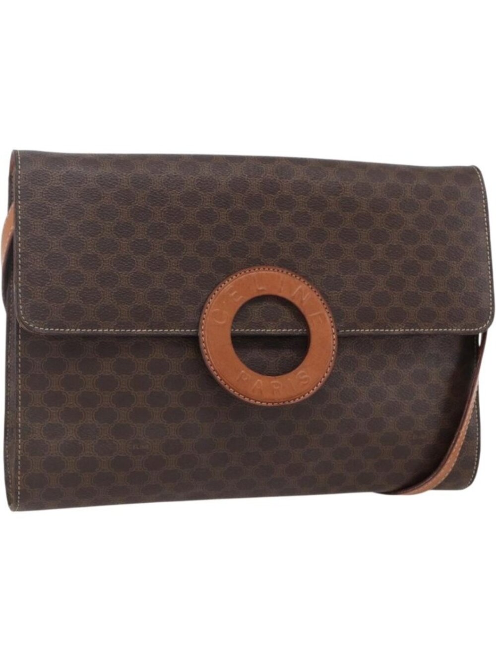 CELINE Macadam Canvas Circle Shoulder Bag PVC Leather Brown Gold